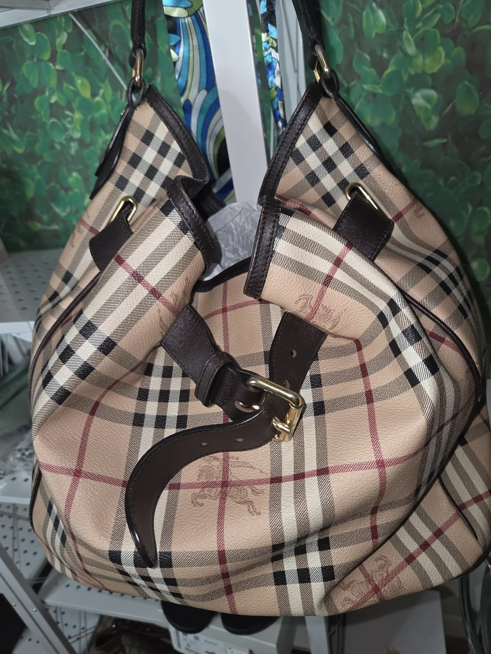 Burberry  Beige Plaid Shoulder Bag with Dark Brown Trim